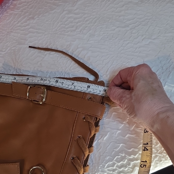 ShoeDazzle Elira Thigh High Corset Boots with Utility Pocket – Tan/Cognac Size 9